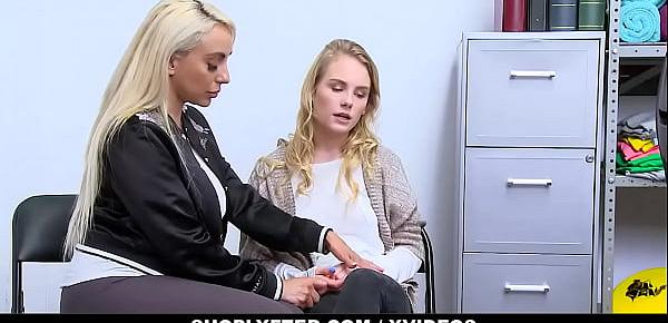  Blonde young stepdaughter Natalie Knight and big tits stepmom Kylie Kingston caught shoplifting and banged by officer